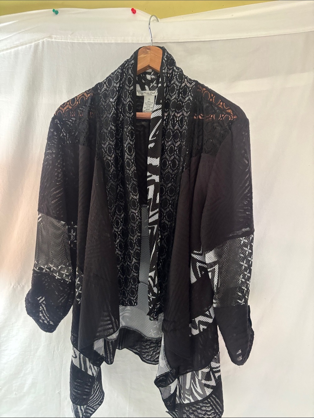 Black open cardigan.  Size XL. Geometric print.